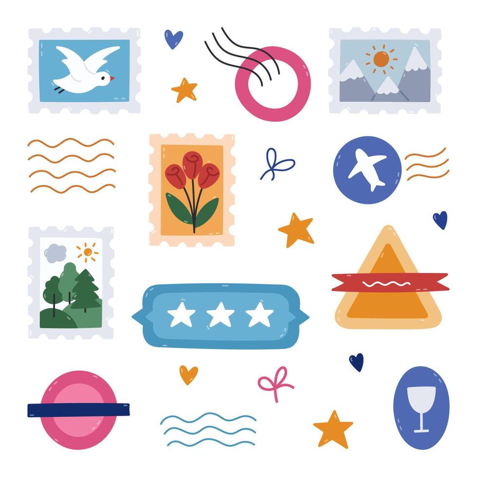 Lovely cartoon postage stamp and mark set for airmail envelope, post office. Hand drawn imprint of rubber stamps, waves, airplane sign, stars, postmark with nature pictures isolated on white. vector