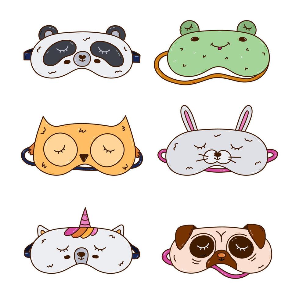 Colorful doodle animal sleeping mask set in the shape of frog, panda, unicorn, owl, bunny, pug face. Funny kids eye mask collection with pet head. Hand drawn sweet dreams accessory for nap. vector