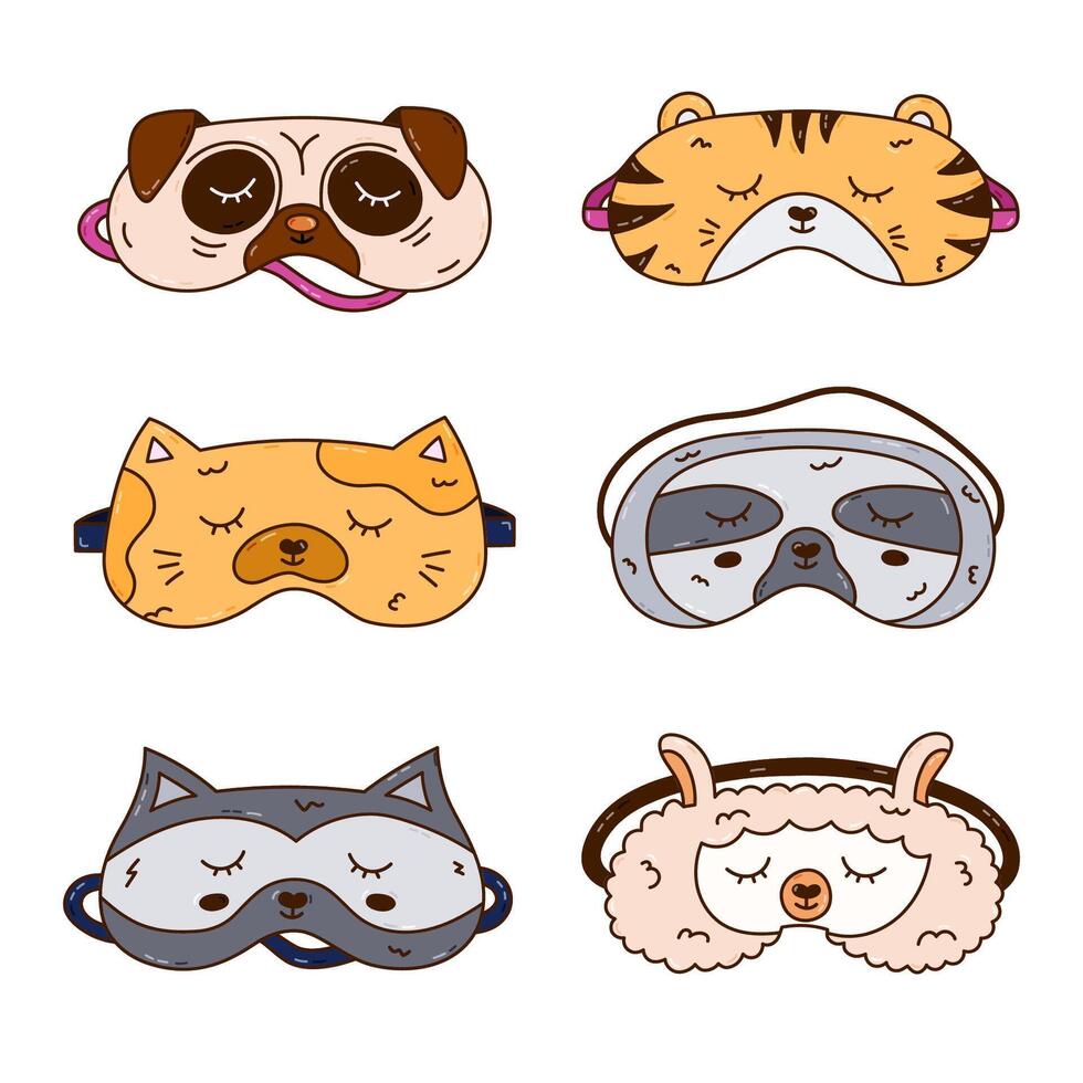 Childish line cartoon animal sleeping mask set in the shape of pug, tiger, cat, sloth, raccoon, llama head. Funny kids eye mask doodle with pet face. Hand drawn sweet dreams accessory for nap. vector