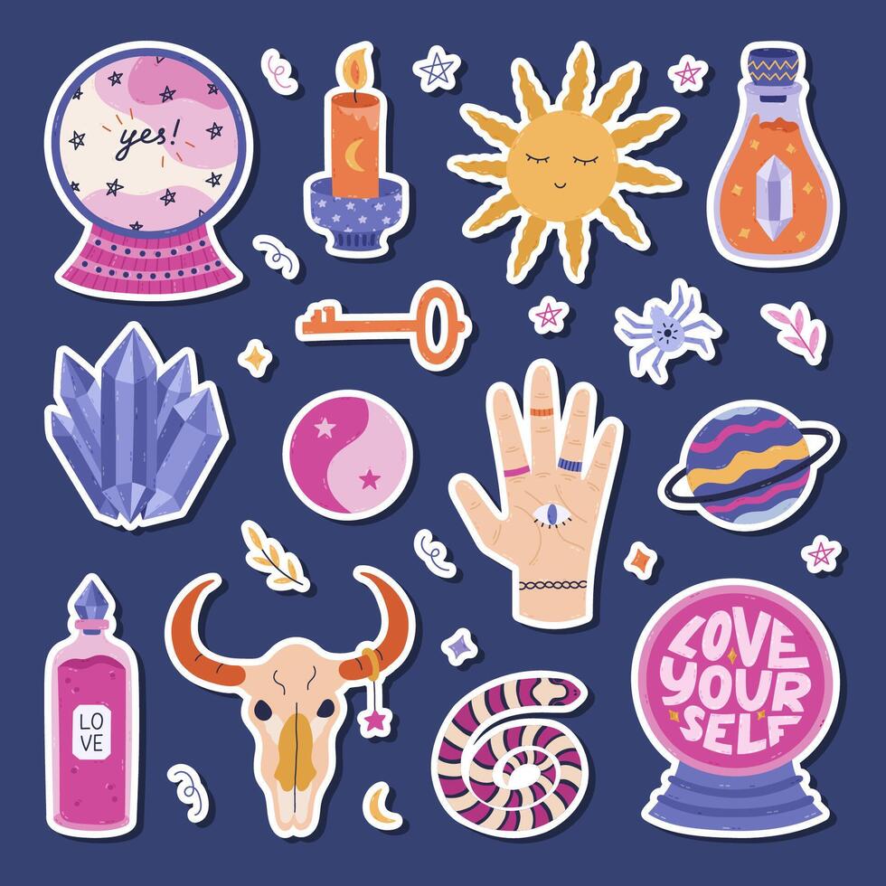 Lovely cartoon witchcraft and mystery sticker set for planners, notebooks, diary. Ready for print list of cute stickers of magic crystal ball, gemstone, sun symbol, skull of cow, snake, love potion. vector