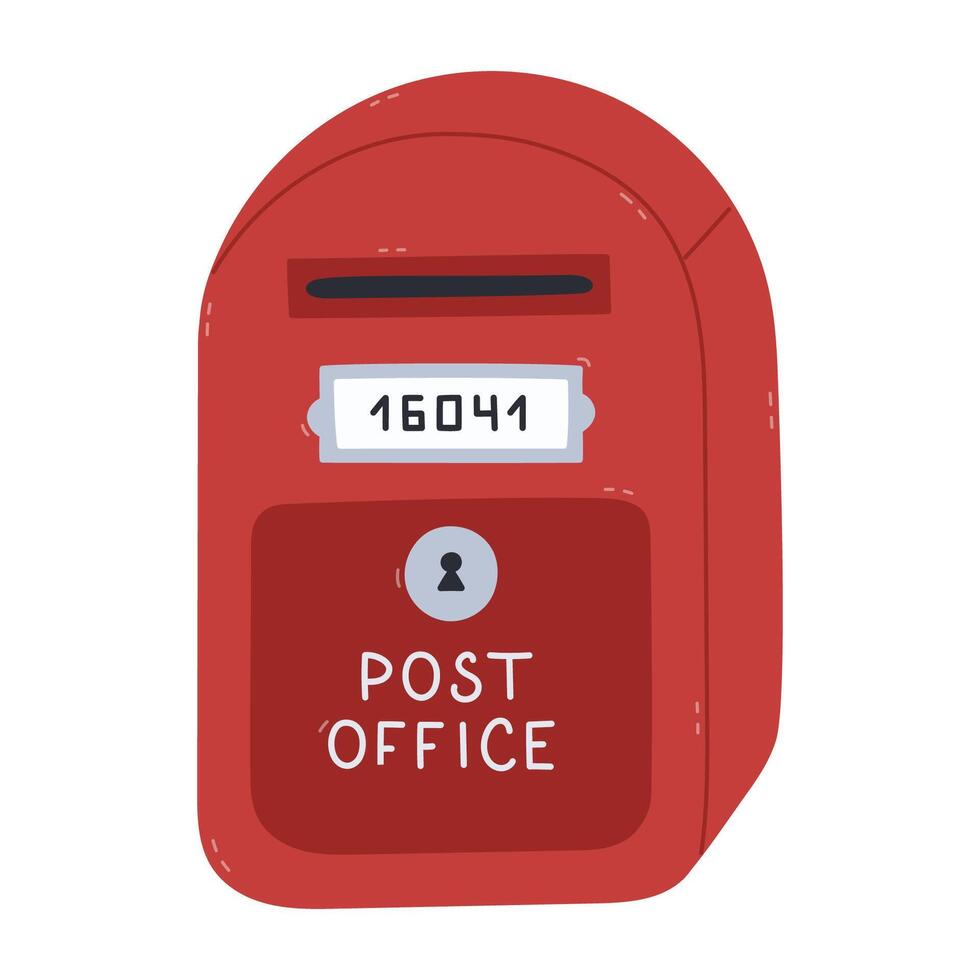 Lovely cartoon red mailbox with index label, keyhole and open hole to send envelopes, parcels. Hand draw street letter box beside post office. Retro postbox of postal service isolated on background. vector