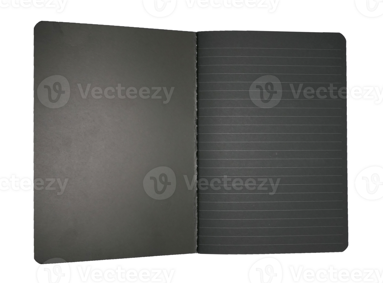 A black notebook with lines open on transparent background. png