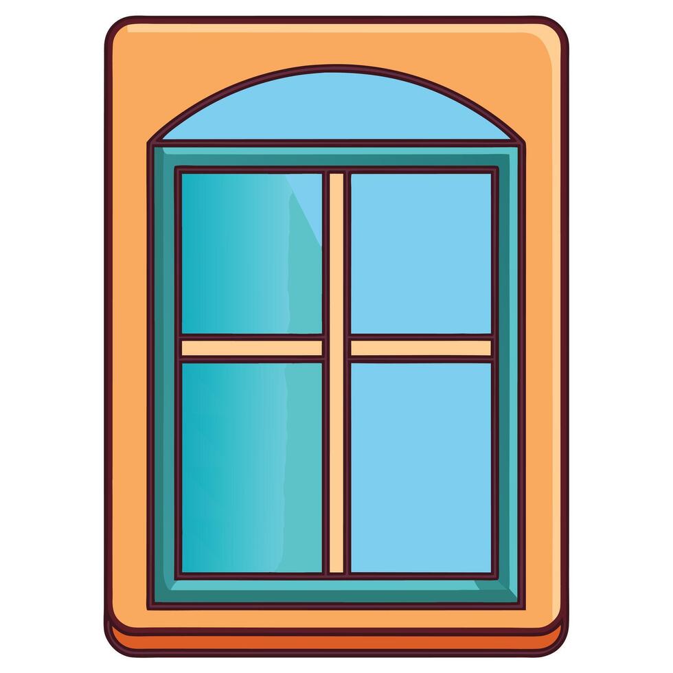 Charming Cartoon Illustration of a Four Pane Window with Arch Top and Orange Frame vector