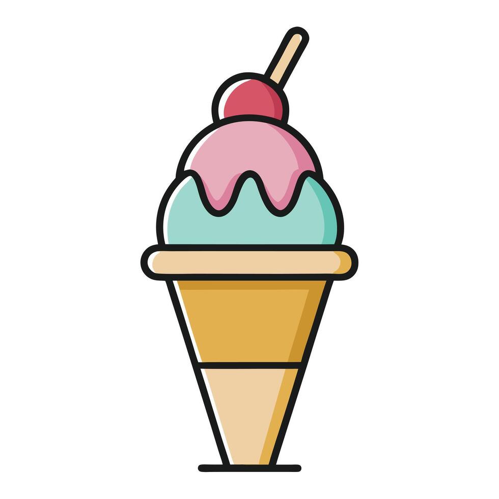Delicious Two Scoops Ice Cream Cone with Cherry on Top Sweet Summer Treat vector