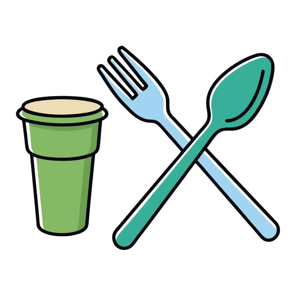Disposable Green Cup with Light Blue Fork and Teal Spoon for Take Away Food vector