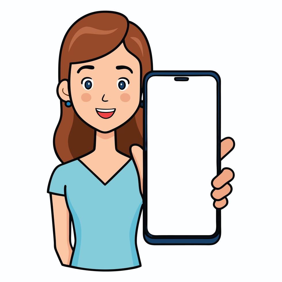 Smiling Woman Holding a Large Smartphone with Blank Screen for Advertisement Mockup vector