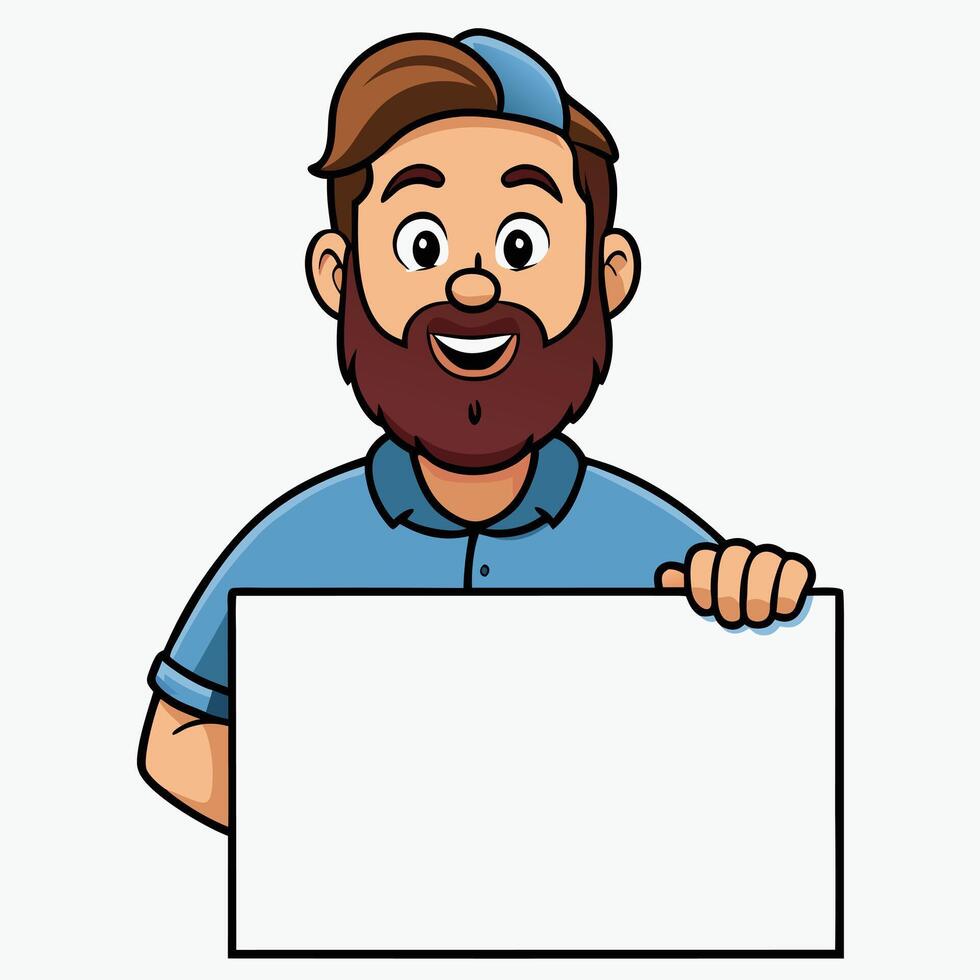Happy Bearded Man Holding Blank Sign Cartoon Illustration vector