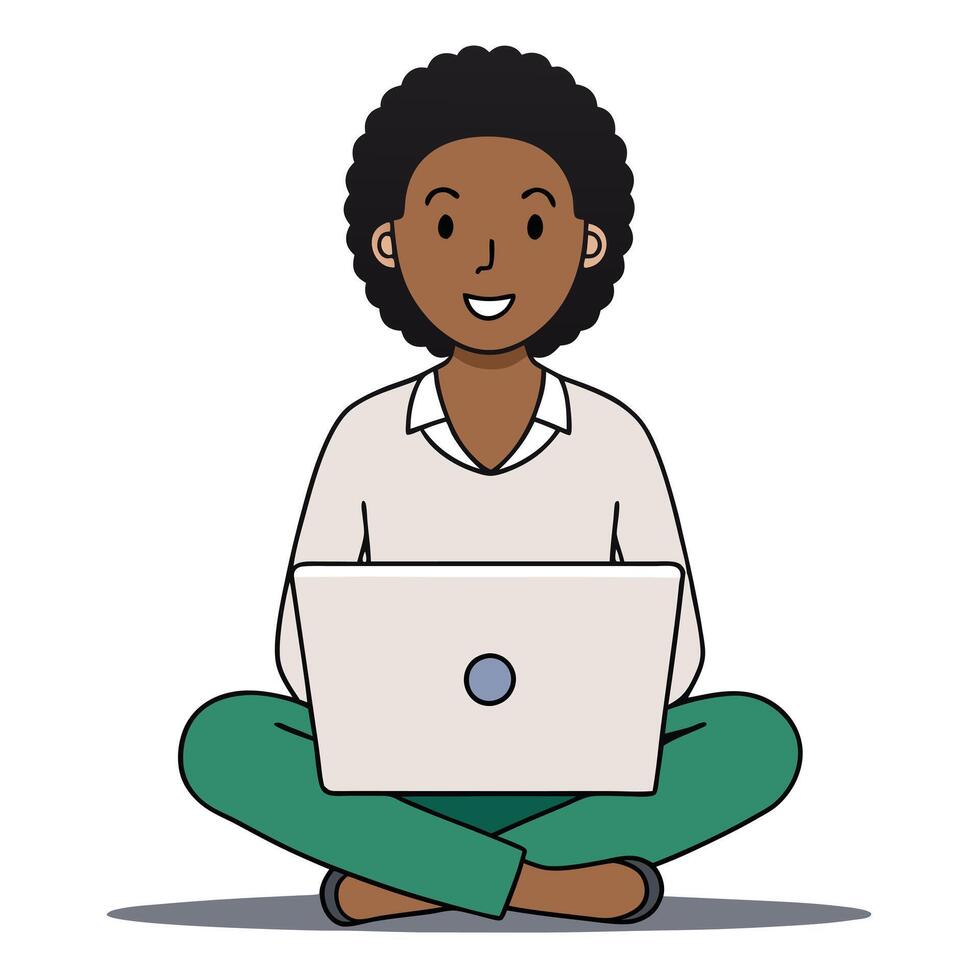 Happy Black Woman Working on Laptop Computer from Home Office vector