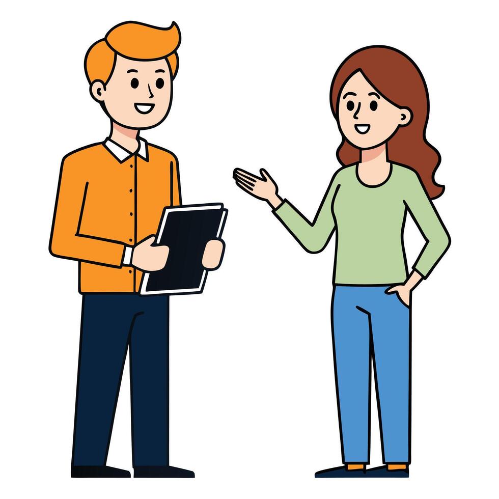 Man and Woman Discussing Project Using Tablet and Gestures Business Meeting Collaboration Teamwork vector