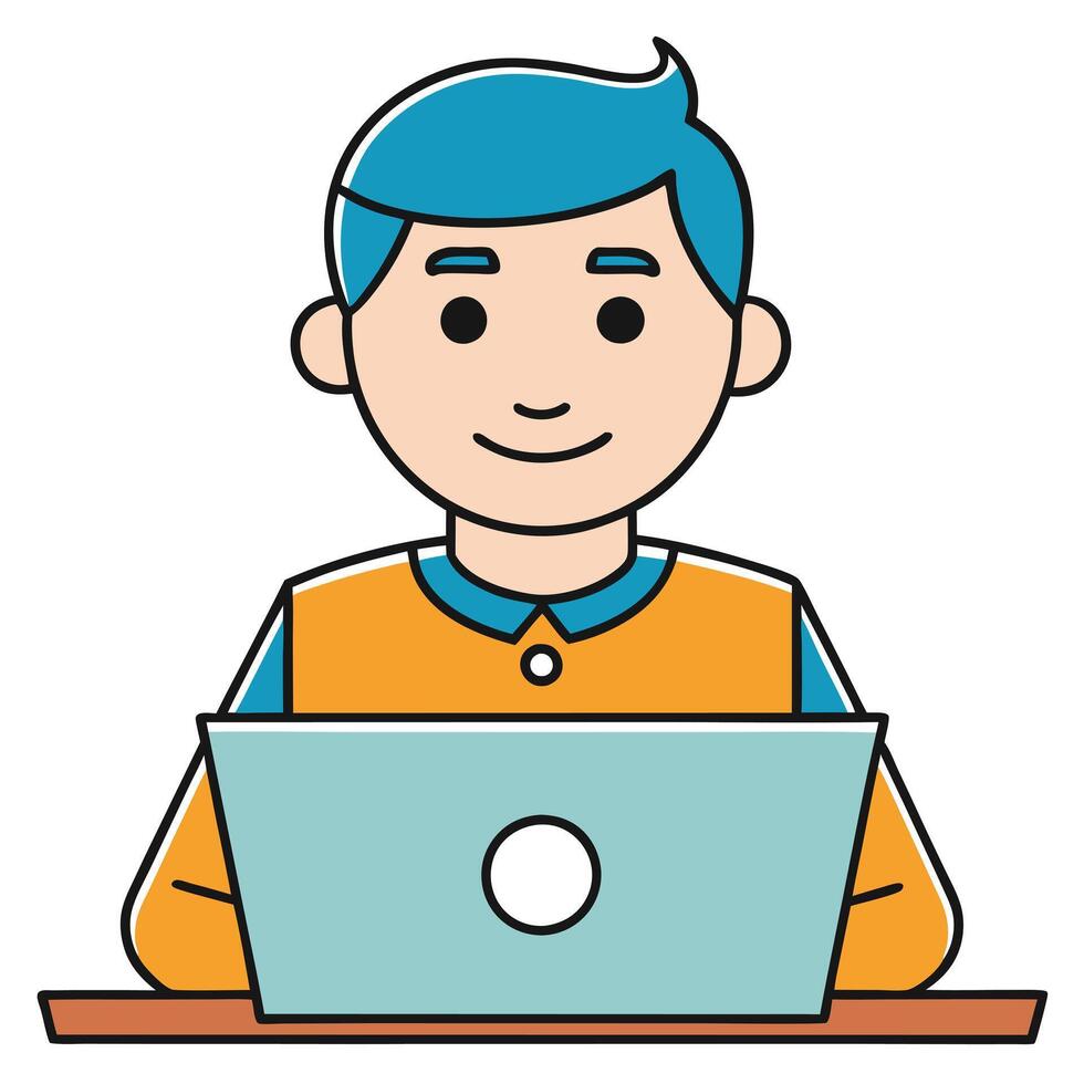 Young Boy with Blue Hair Using a Laptop Computer at a Desk Studying or Working vector