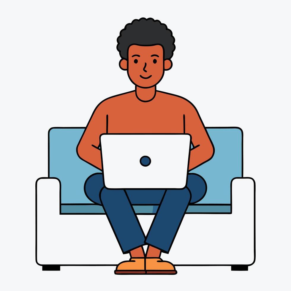 A young man comfortably using a laptop while sitting on a couch vector