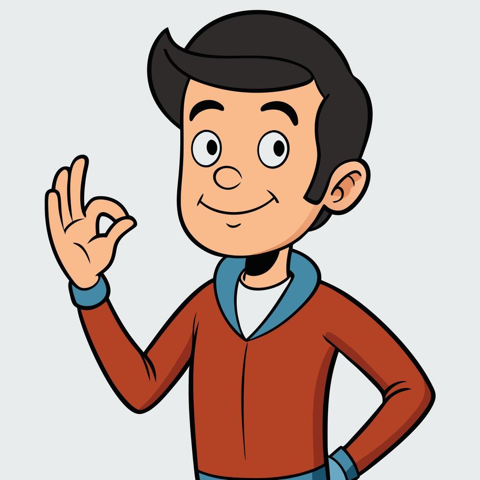 Friendly Cartoon Man Showing Okay Sign with Happy Expression and Brown Jacket vector