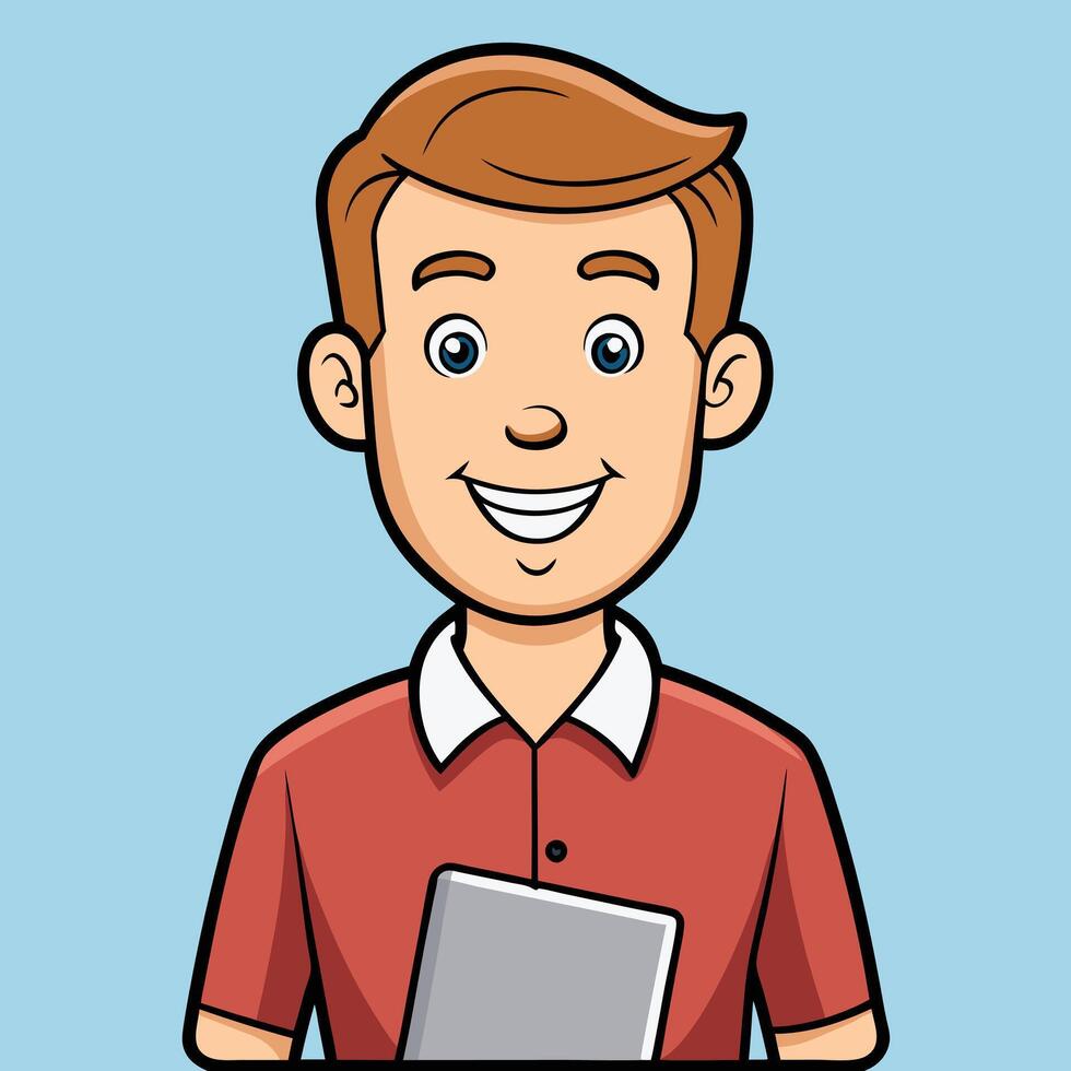 Happy Young Man Holding a Tablet Computer Smiling Friendly Cartoon Illustration vector