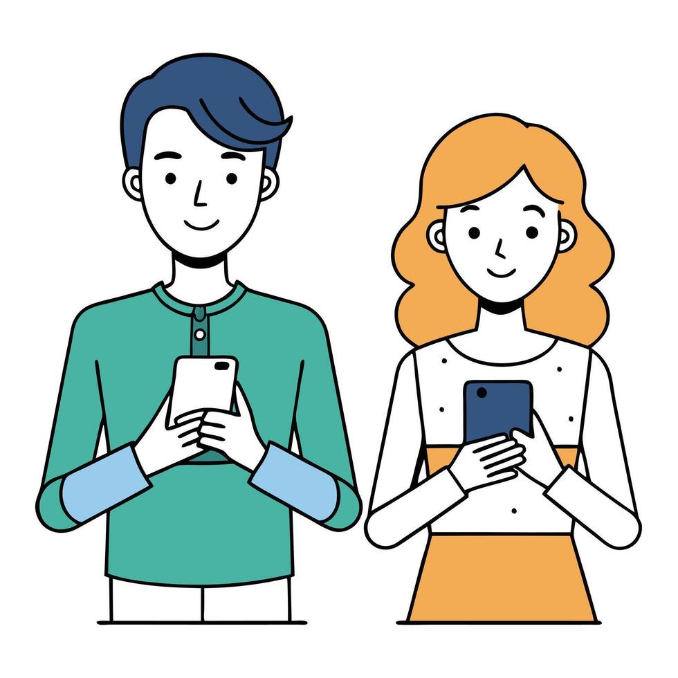 Young Man and Woman Using Smartphones Illustration Digital Art vector