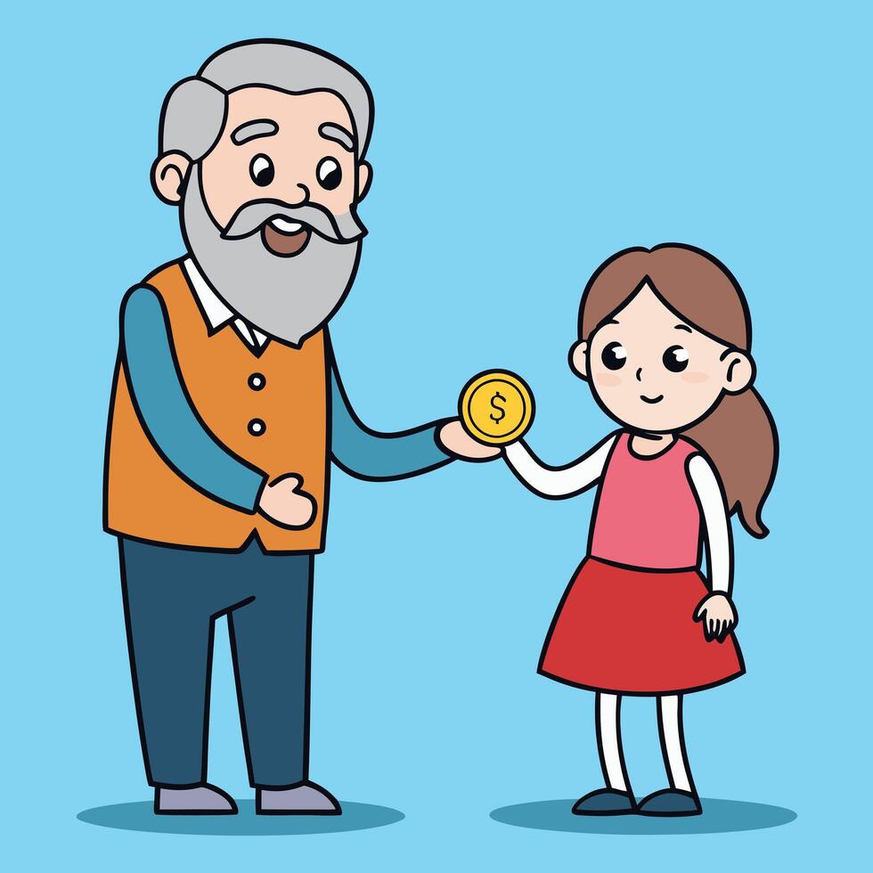 Grandfather Giving a Gold Coin to his Granddaughter A heartwarming illustration of intergenerational connection and financial gifting vector