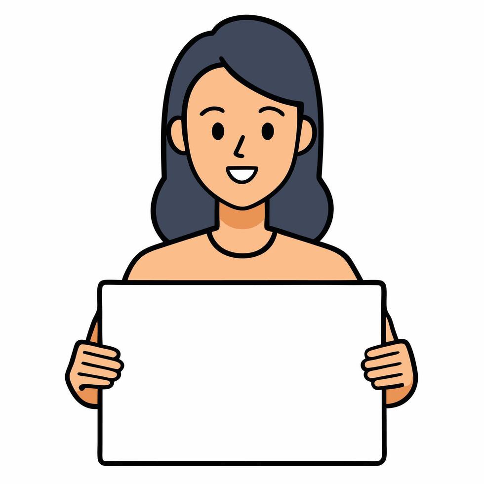 Smiling Woman Holding Blank White Sign Cartoon Illustration vector
