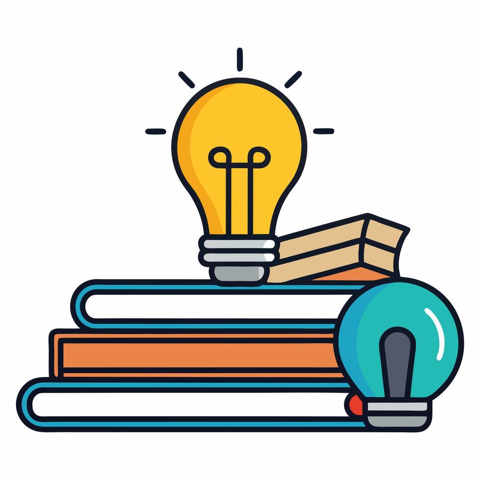 Bright Ideas from Books Learning Education Knowledge Wisdom Stack of Books Illuminated Bulb vector
