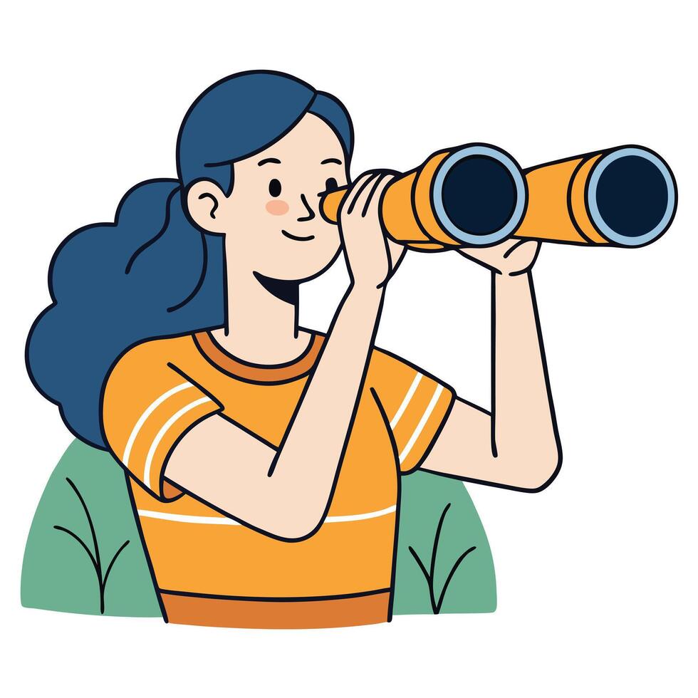 Young Woman with Long Blue Hair Using Binoculars to Explore and Discover New Horizons vector