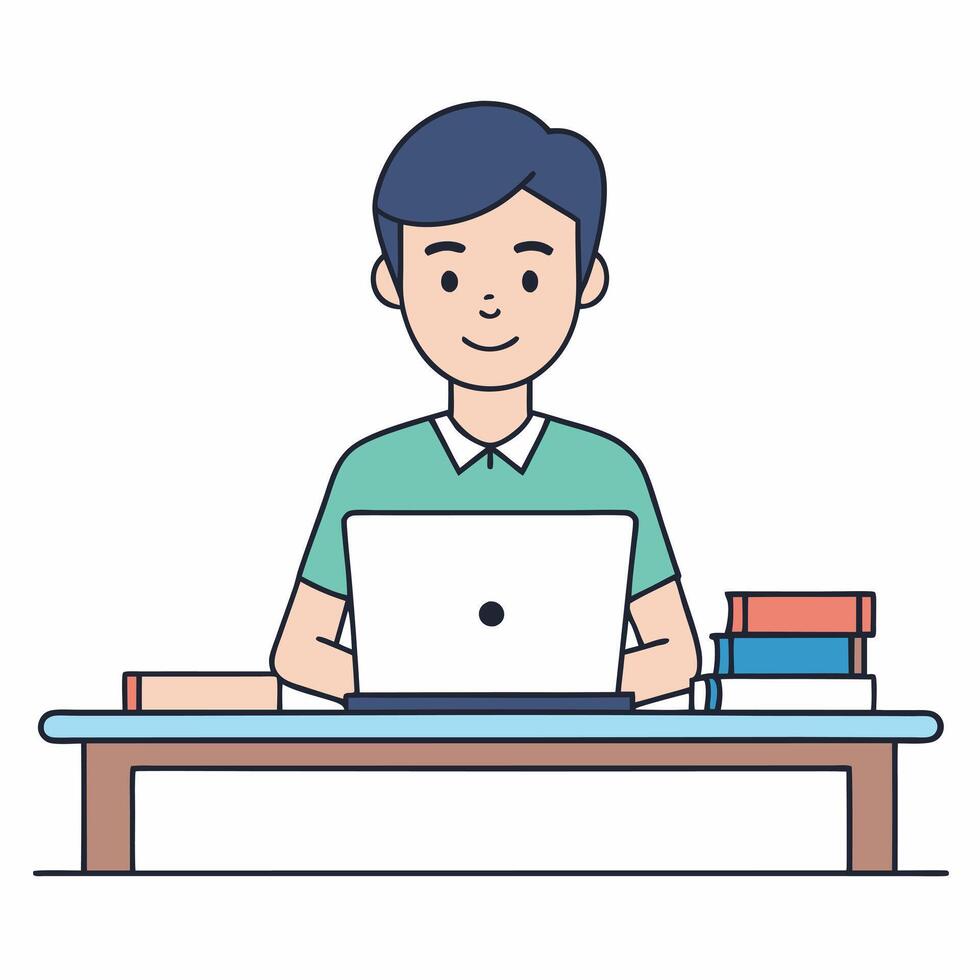 Young Man Studying at His Desk Using Laptop and Books vector