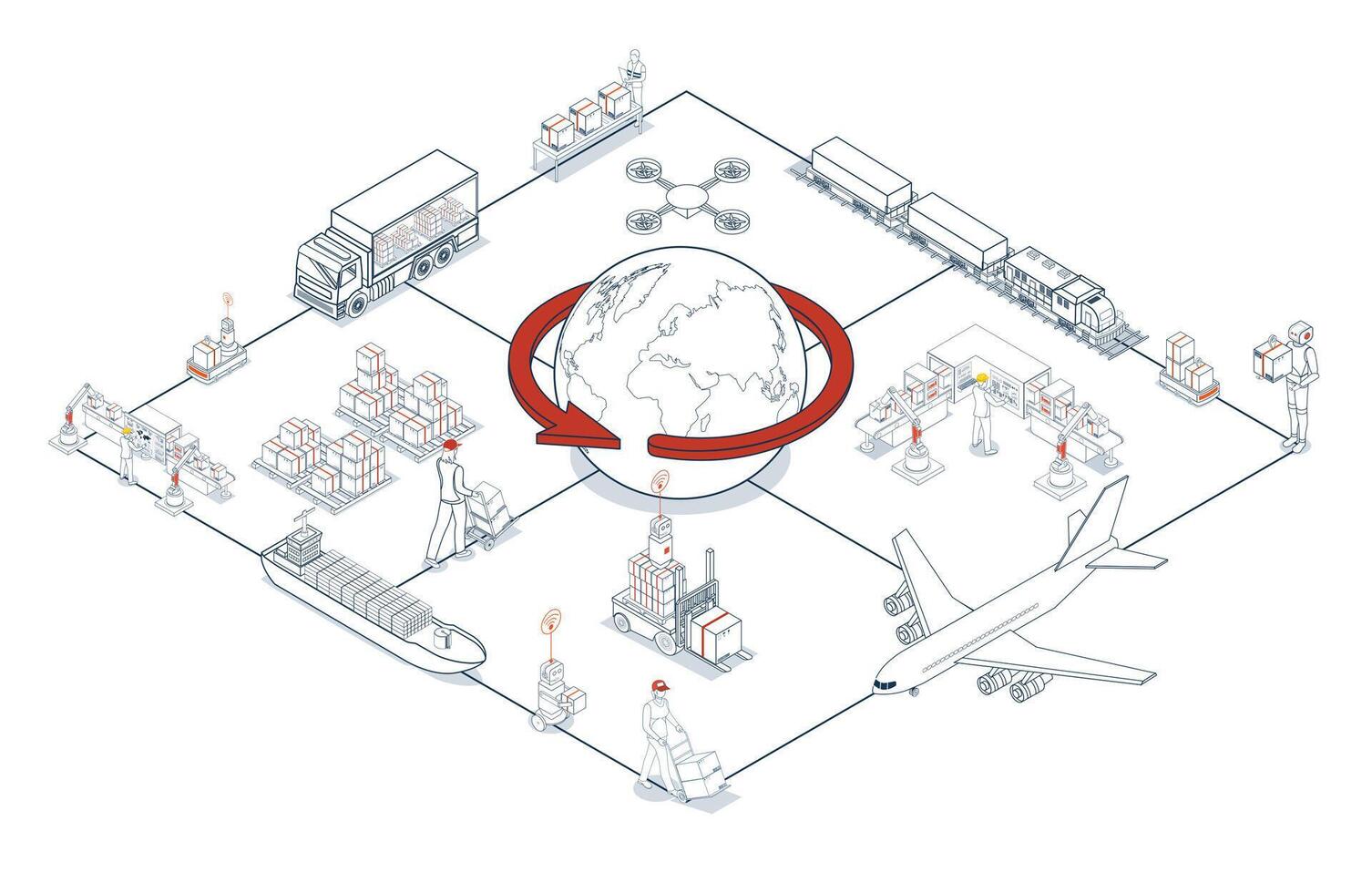 Global logistics network. 3D isometric scenes showing export-import operations via air, road, rail vector
