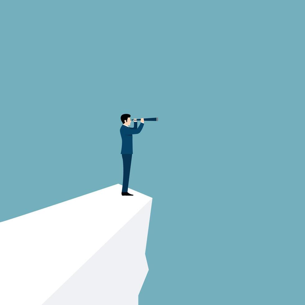 Visionary leadership concept with businessman looking through telescope from cliff vector