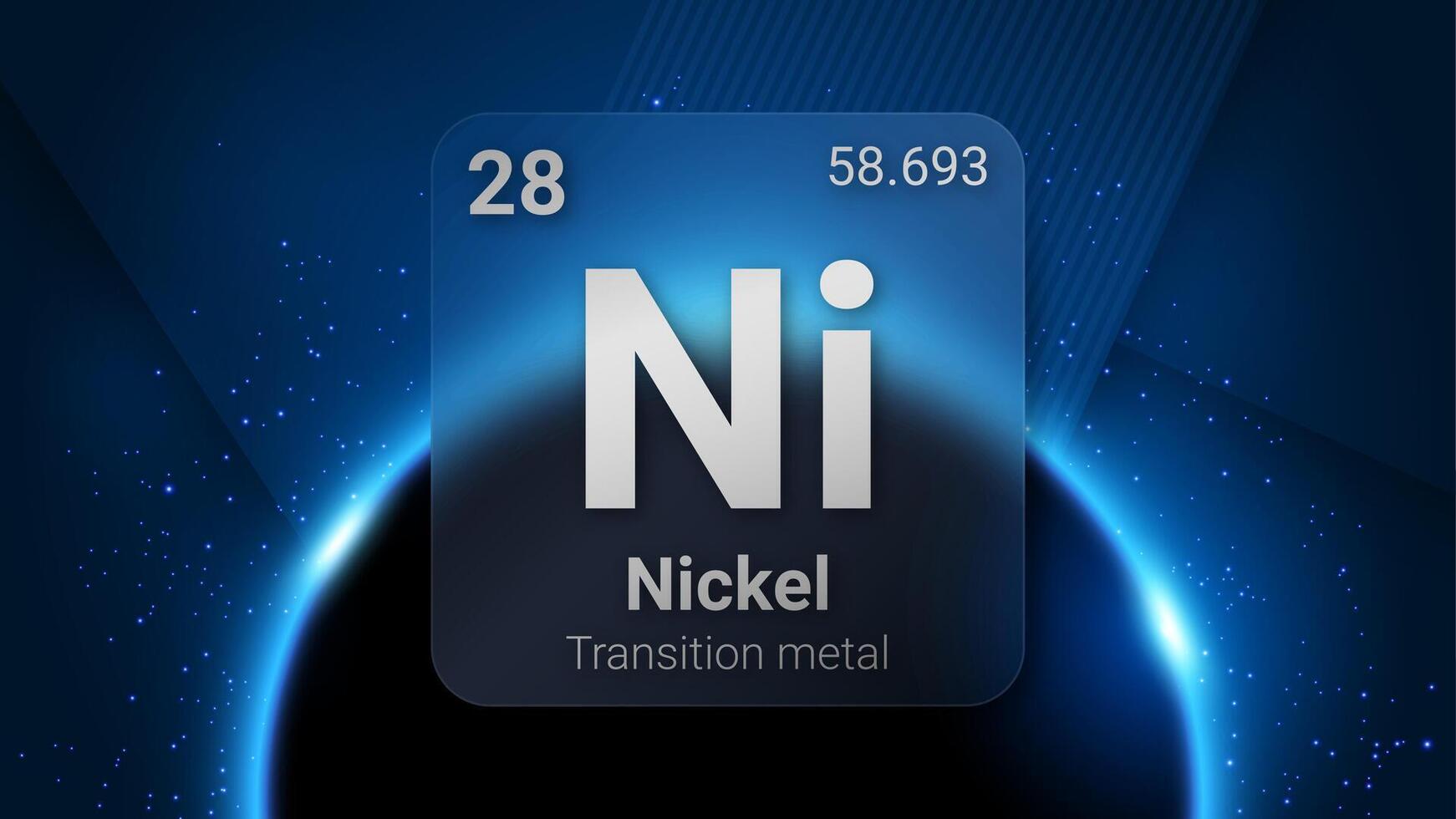 Nickel Transition Metal, Glass Morphism Element Futuristic Neon Light Glow Background Periodic Table, Chemical Symbol, Name, Atomic Mass, Atomic Number, Illustration vector