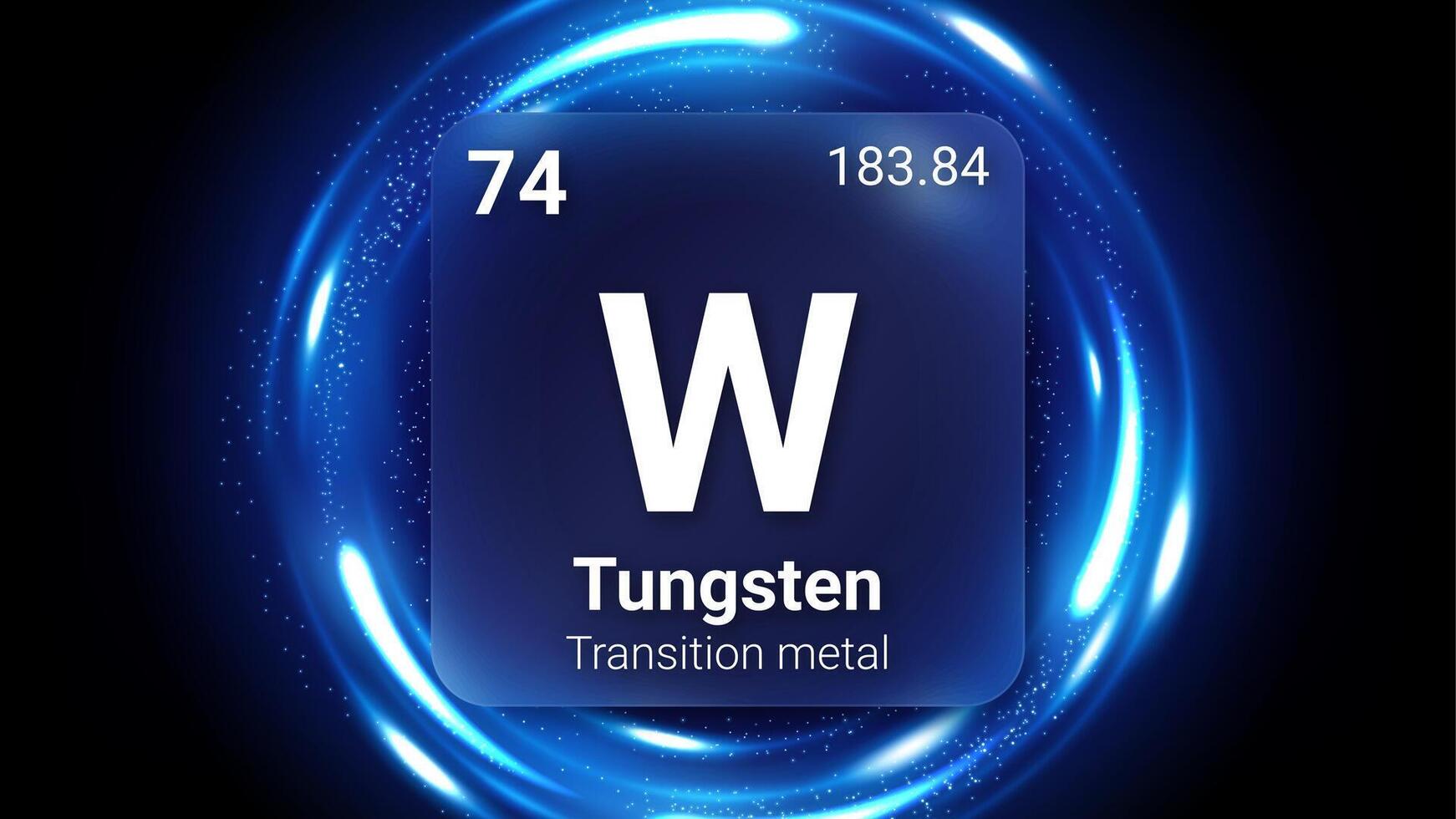Tungsten Transition Metal, Glass Morphism Element Futuristic Neon Light Glow Background Periodic Table, Chemical Symbol, Name, Atomic Mass, Atomic Number, Illustration vector