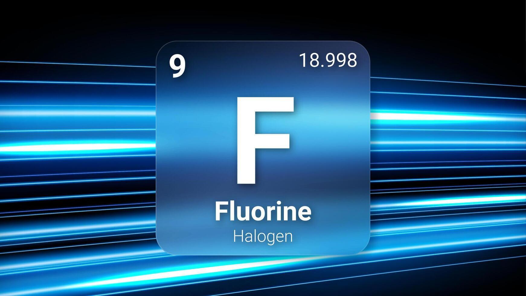 Fluorine Halogen, Glass Morphism Element Futuristic Neon Light Glow Background Periodic Table, Chemical Symbol, Name, Atomic Mass, Atomic Number, Illustration vector
