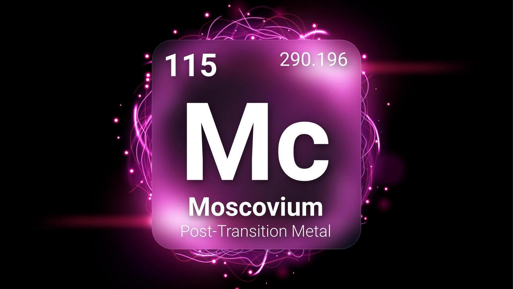 Moscovium Post Transition Metal, Glass Morphism Element Futuristic Neon Light Glow Background Periodic Table, Chemical Symbol, Name, Atomic Mass, Atomic Number, Illustration vector