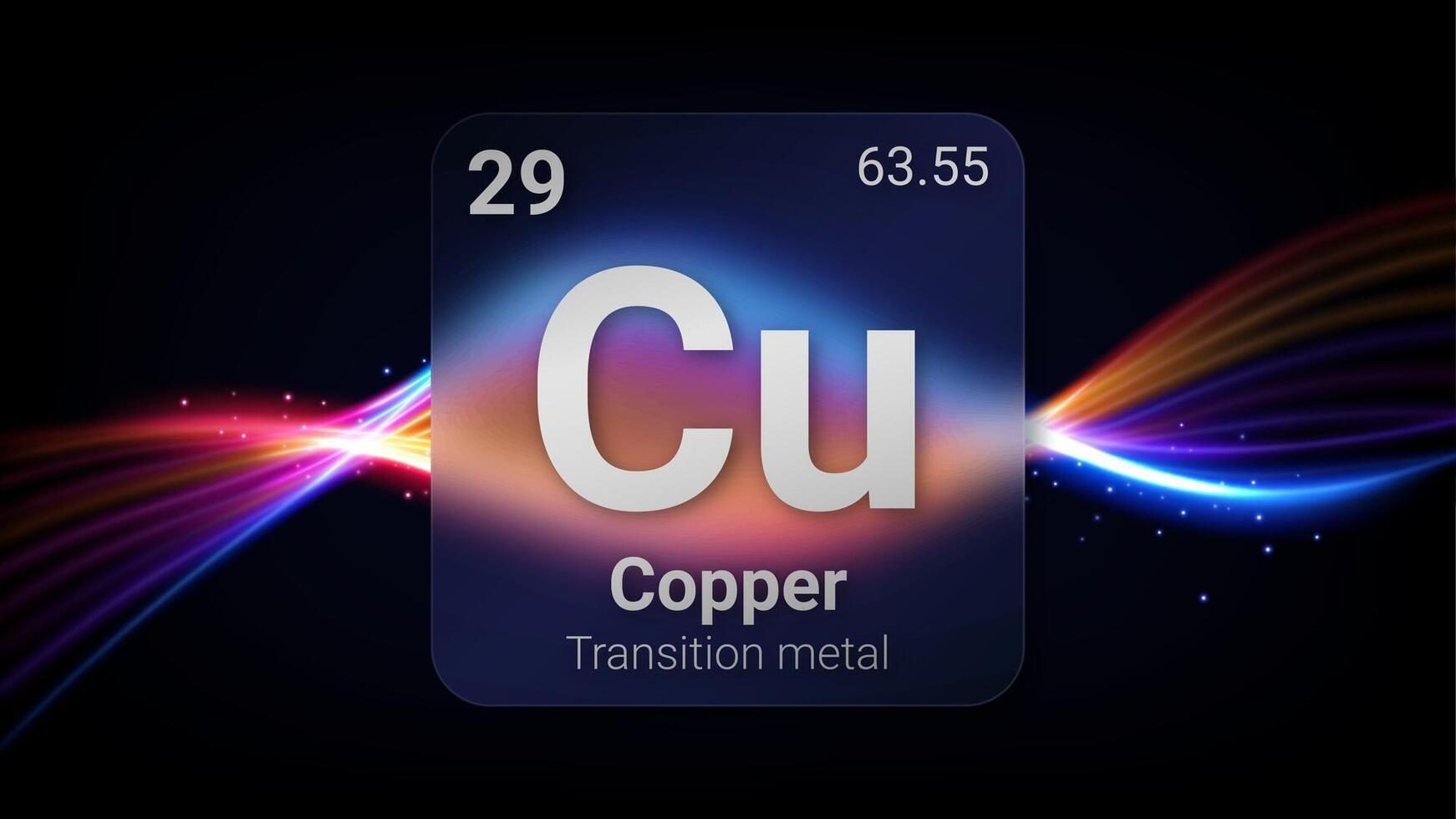 Copper Transition Metal, Glass Morphism Element Futuristic Neon Light Glow Background Periodic Table, Chemical Symbol, Name, Atomic Mass, Atomic Number, Illustration vector