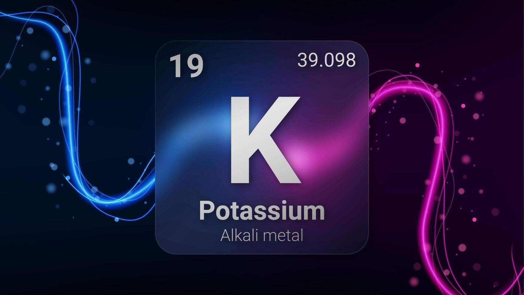 Potassium Alkali Metal, Glass Morphism Element Futuristic Neon Light Glow Background Periodic Table, Chemical Symbol, Name, Atomic Mass, Atomic Number, Illustration vector