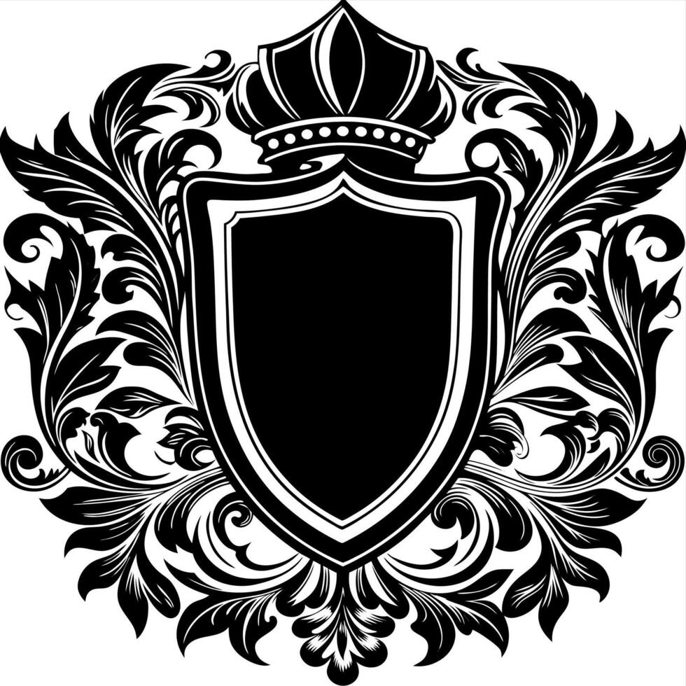Elegant Black and White Shield with Crown and Leaves vector