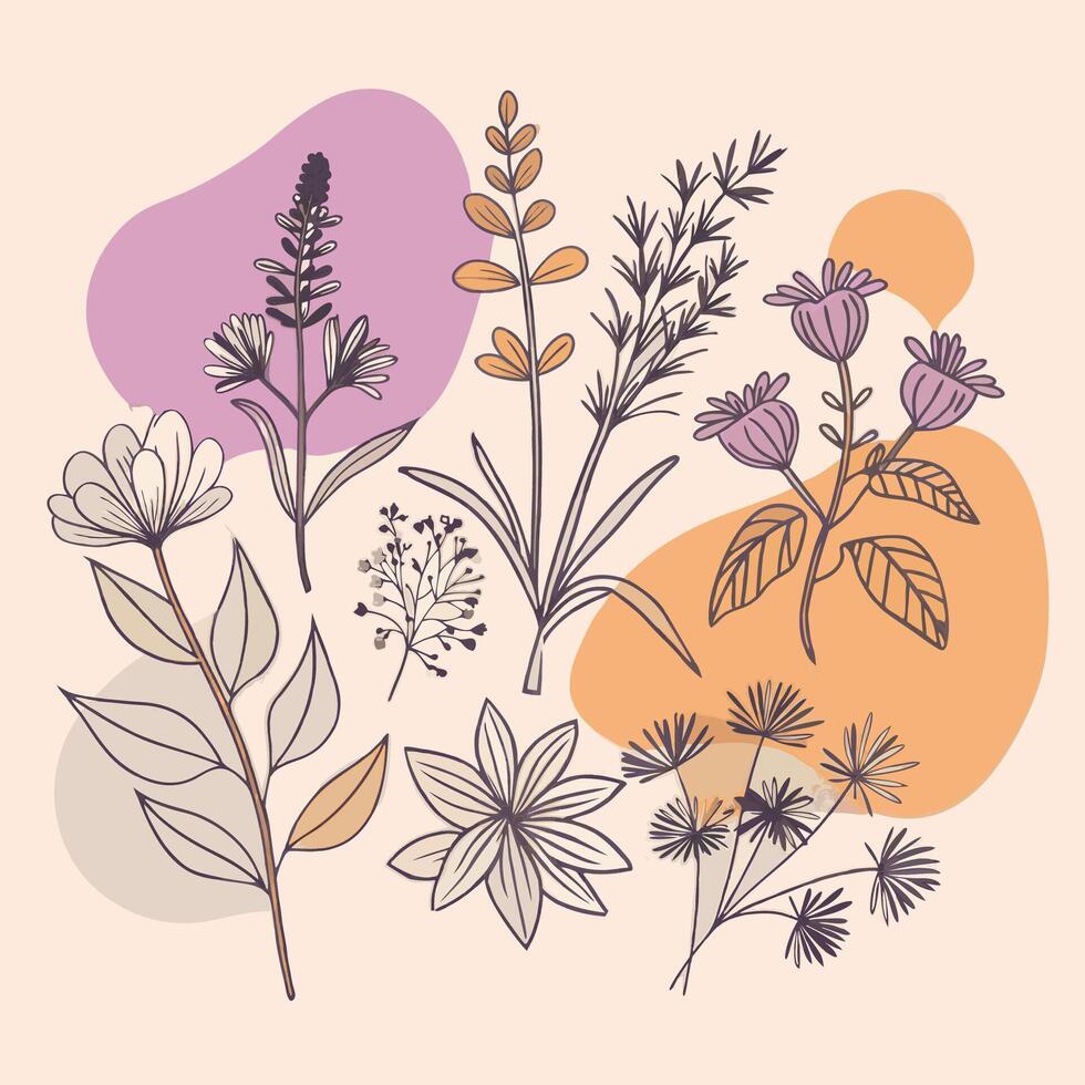 Delicate botanical illustration with various flowers and leaves in soft pastel colors vector
