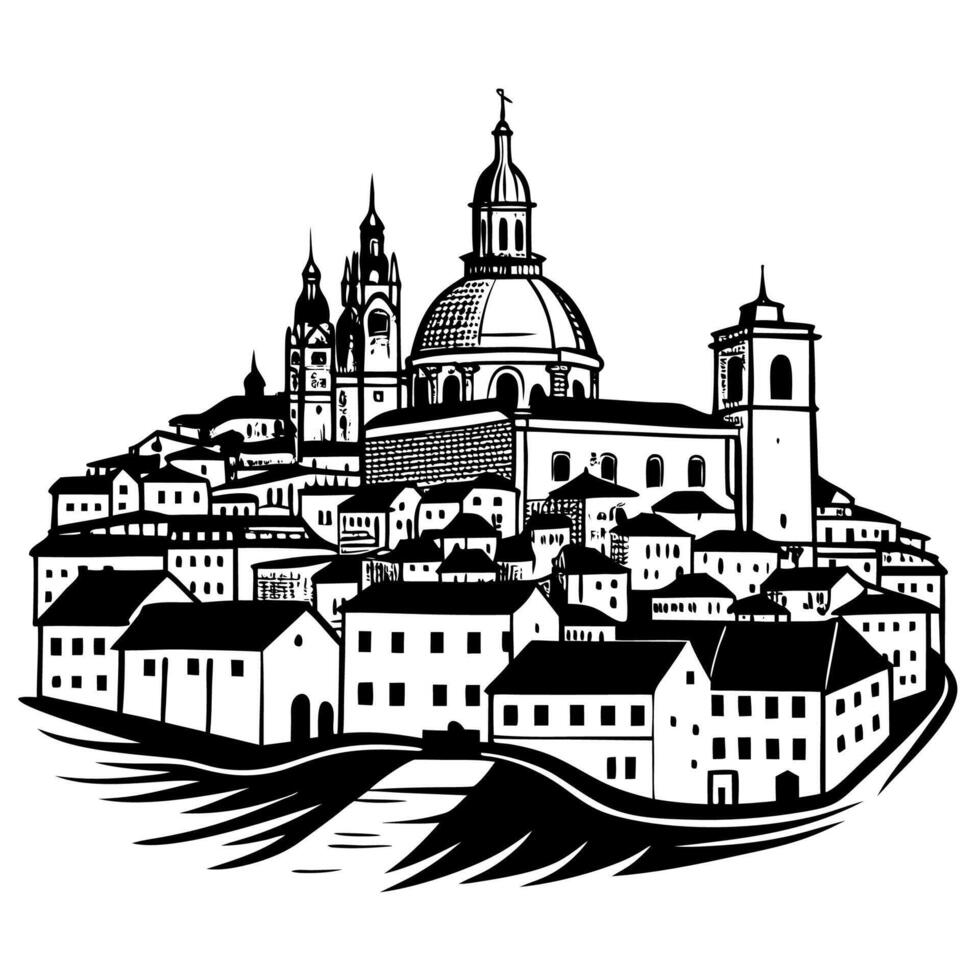 A detailed black and white illustration of a historic cityscape with prominent domes and spires surrounded by traditional buildings vector