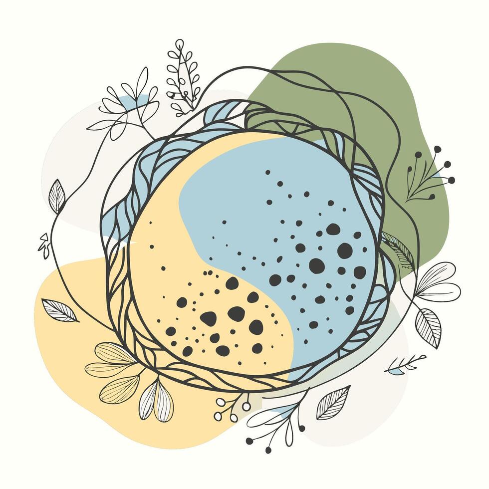 Minimalist botanical art featuring a circular arrangement of leaves and dots vector