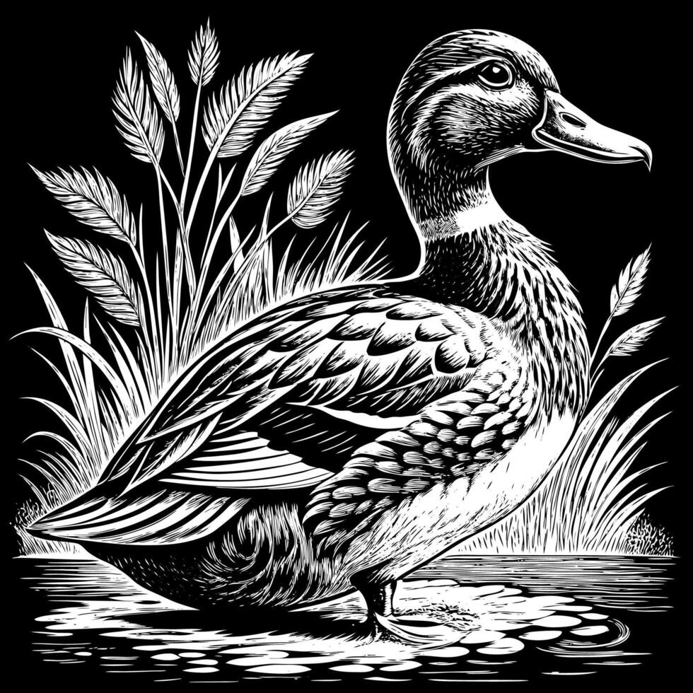 Beautiful Black and White Illustration of a Duck Swimming in a Pond with Reeds vector