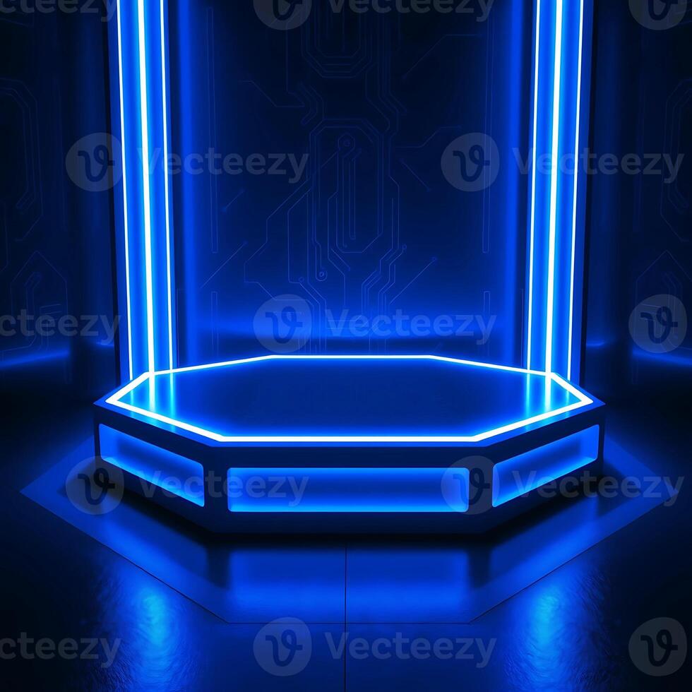 A futuristic, high-tech showcase platform with neon blue LED lights photo