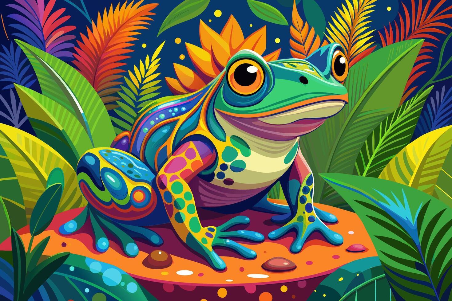 Whimsical frog with intricate patterns in a richly detailed jungle scene vector