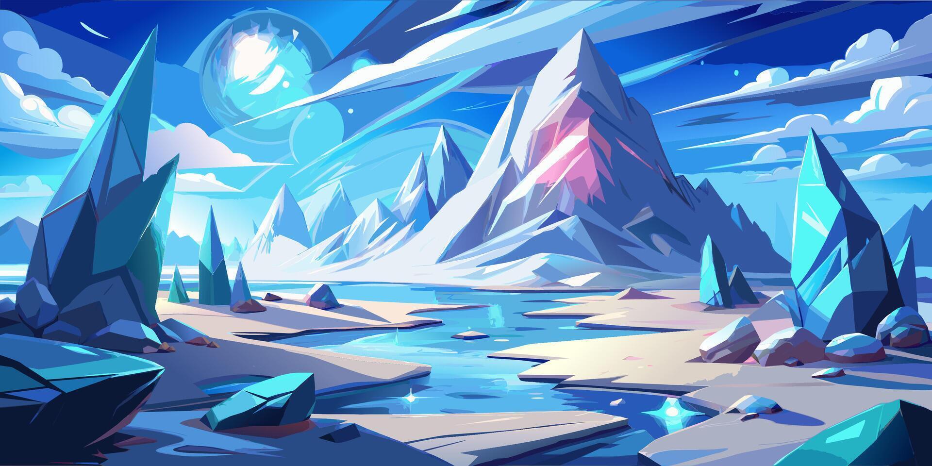Frozen landscape with icy mountains and crystal formations under a mystical night sky vector