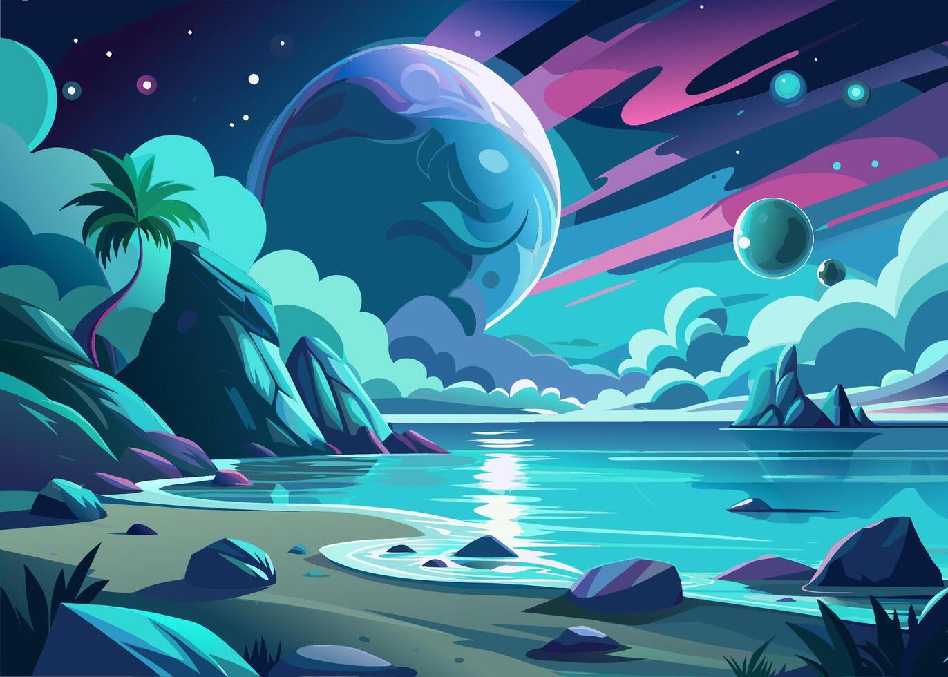 A tropical island with a palm tree and a large moon in the background surrounded by floating rocks and vibrant colors in the night sky vector