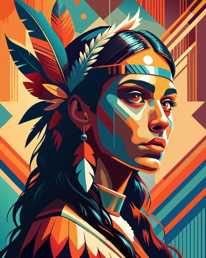 Portrait of a Native American woman with feathers and traditional face paint vector