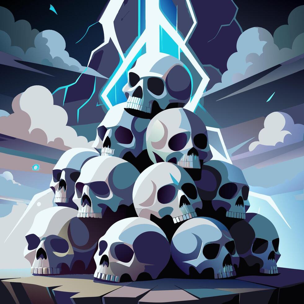 Dark Fantasy Scene with Pile of Skulls and Mysterious Crystal vector