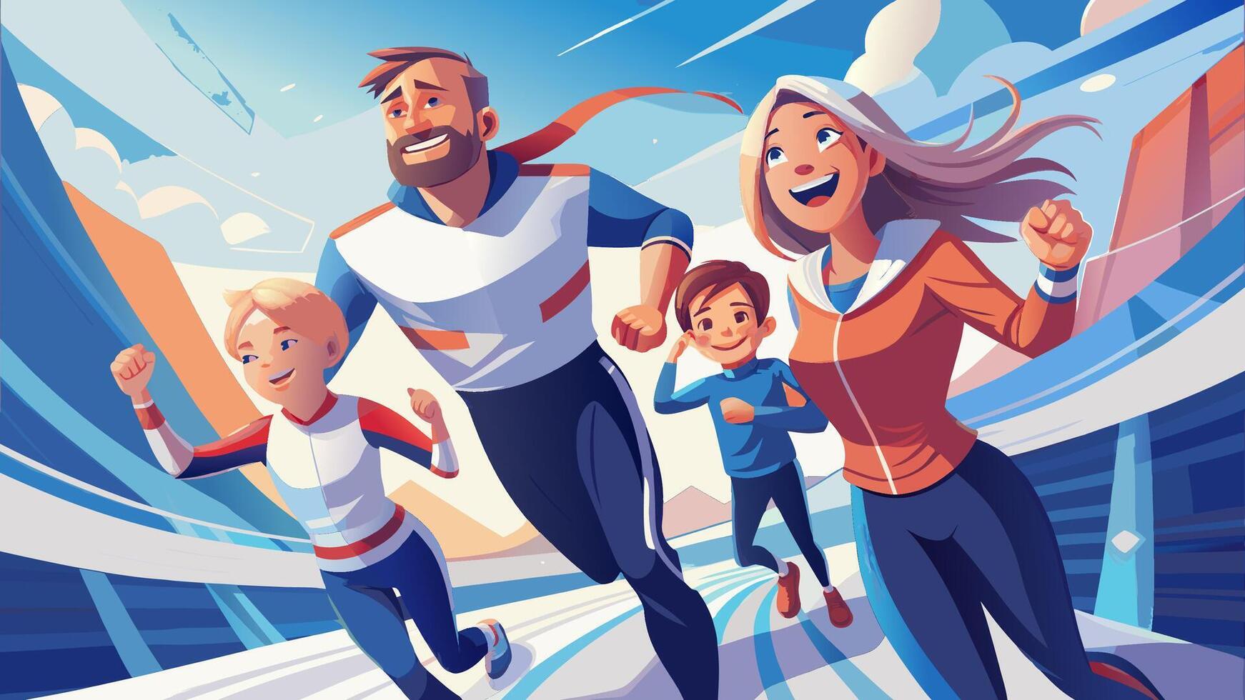 Superhero Family Running Through the City with Joy vector