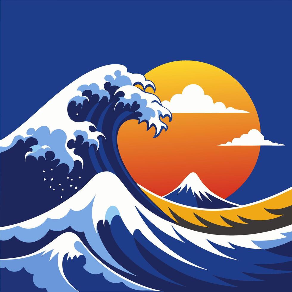 Powerful Ocean Wave Crashing Against Sunset Mountain Scene vector