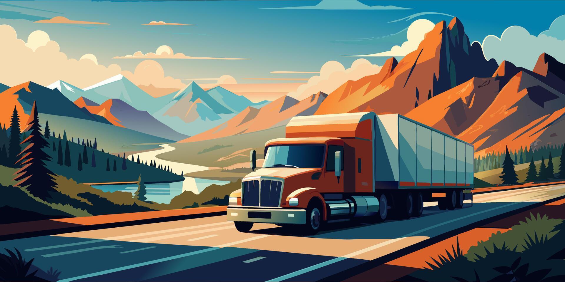 Truck Driving Through Mountainous Landscape vector