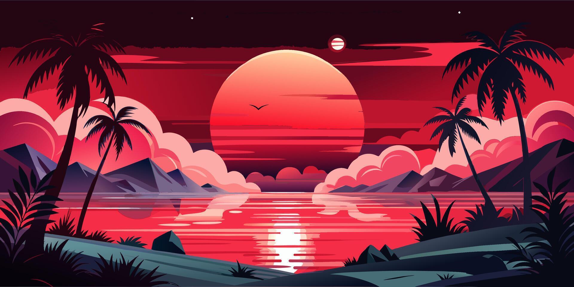 Tropical sunset over calm sea with palm trees and distant mountains vector