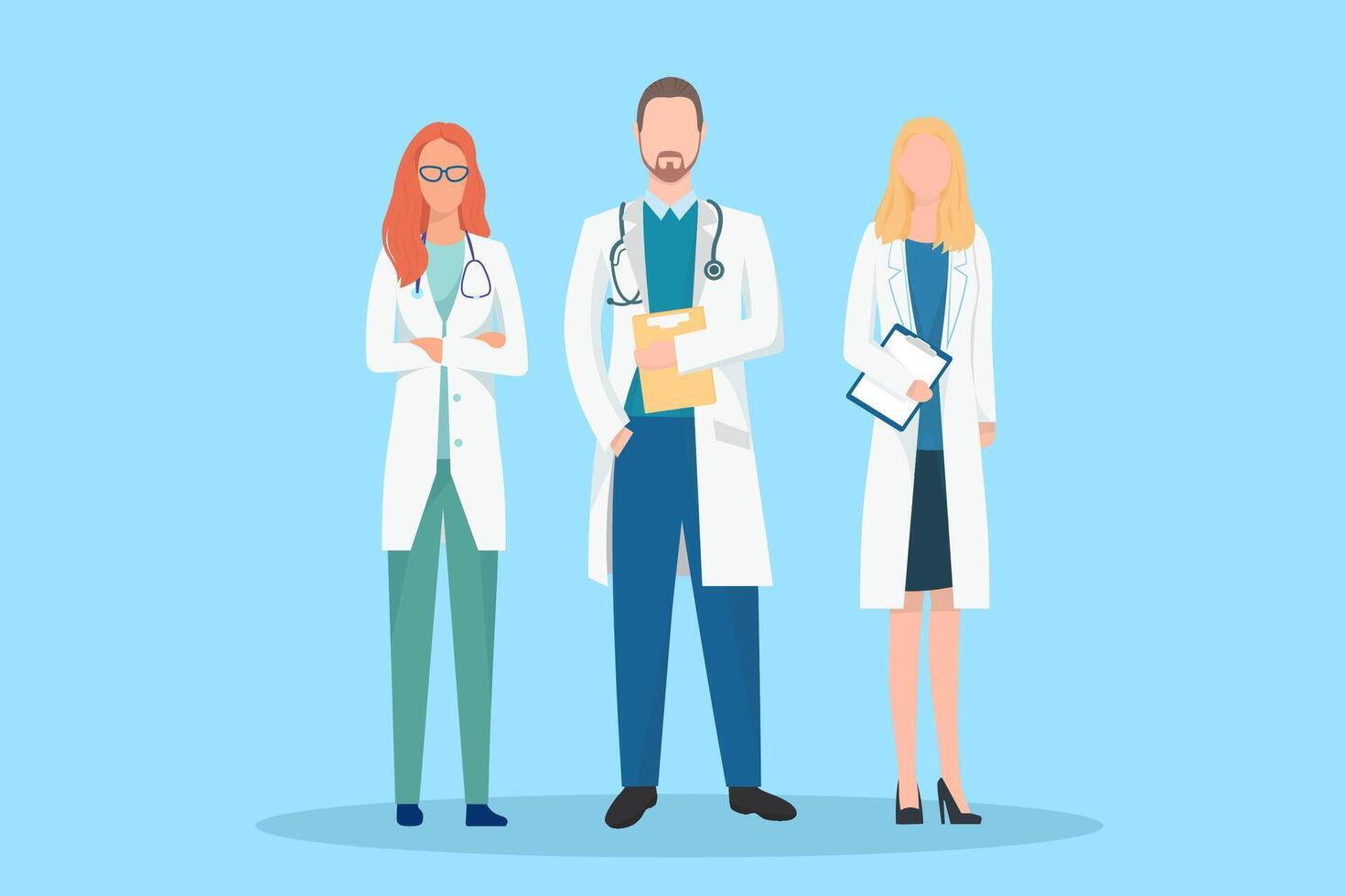 Three standing doctors. Avatars of male and female medical workers in uniform with stethoscopes. Flat style illustration isolated on white background vector
