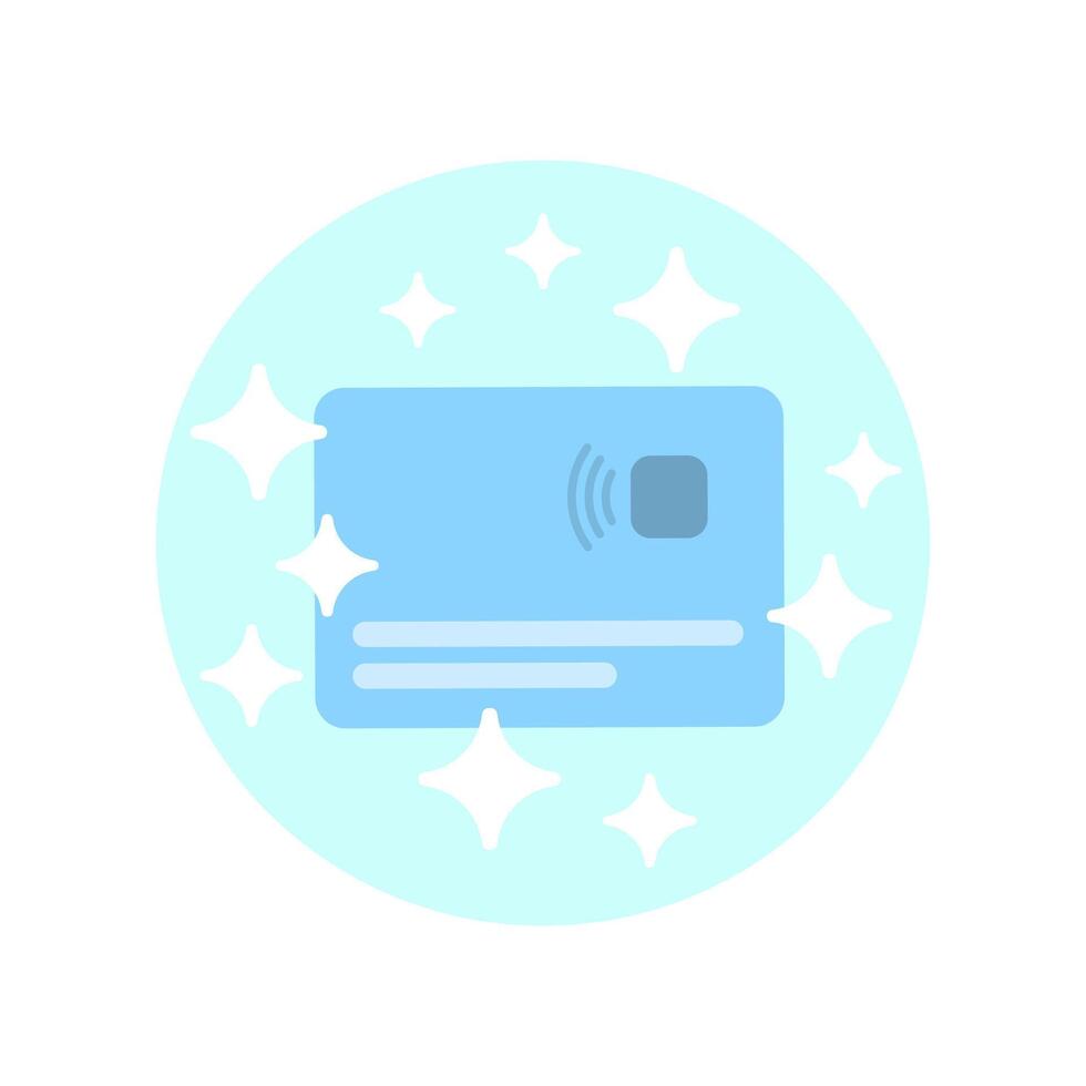 Blue bank card icon with sparkles on a white background. Flat design illustration. graphics vector