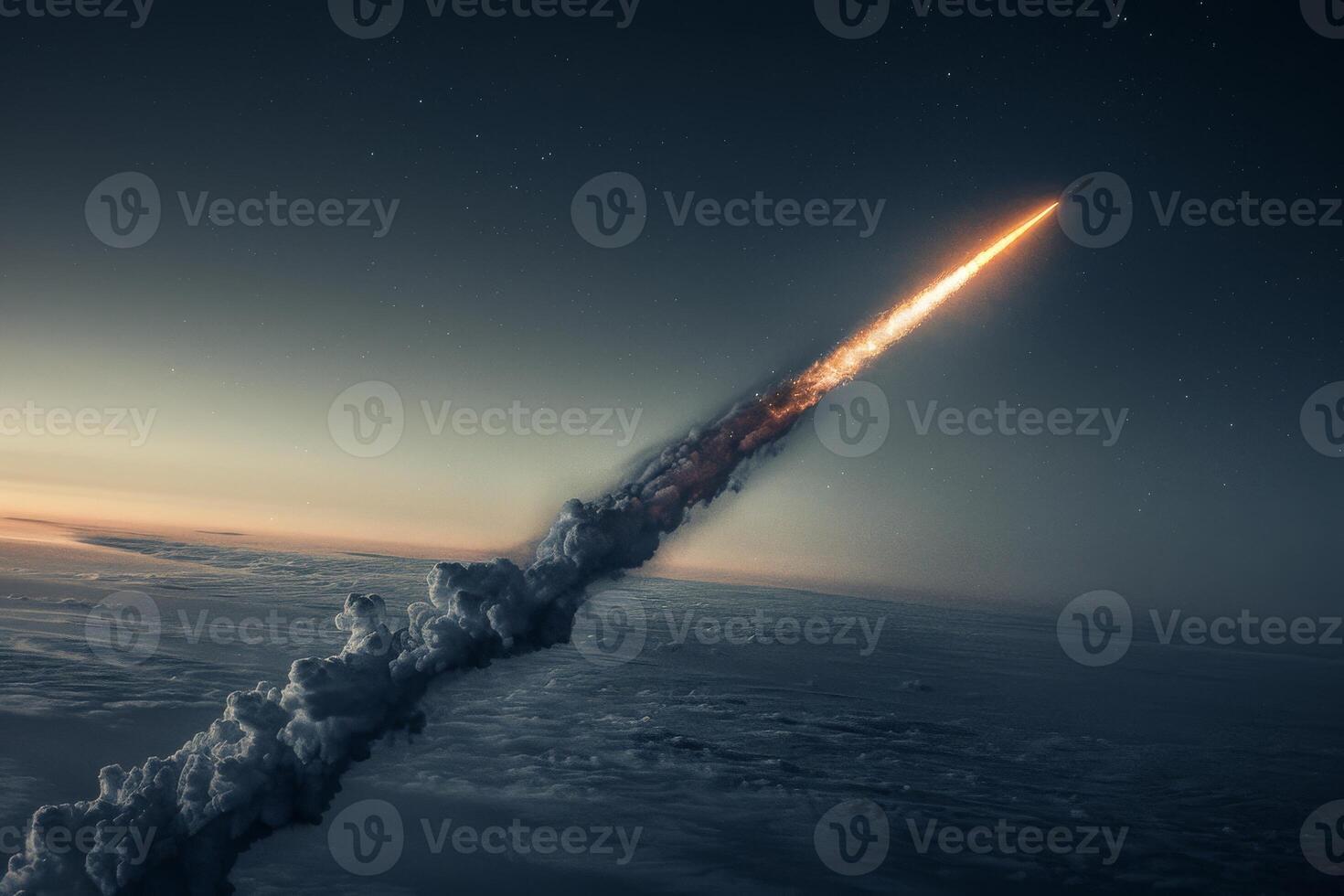 Rocket launching at sunrise space exploration mission taking flight into sky and leaving earth. photo