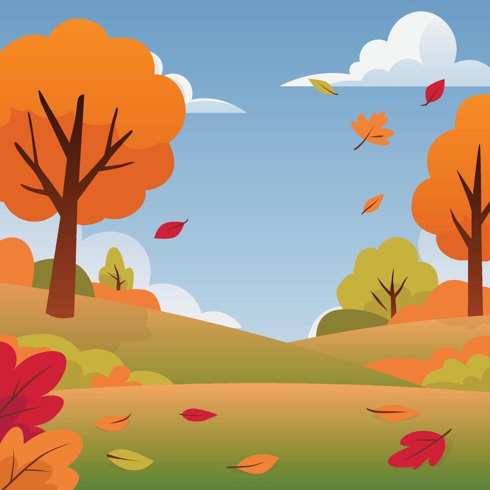 Autumn Fall Scene Landscape Flat Illustration with Falling Leaves vector